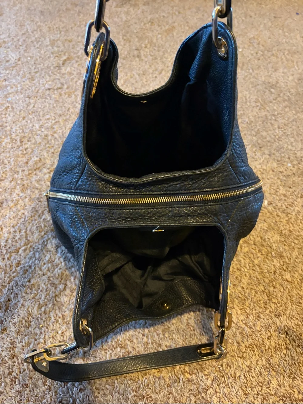 Michael Kors “Fulton” Black Pebbled Leather Hobo Bag with Gold Hardware